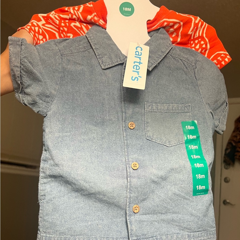 Carter's Blue Denim Romper with Orange Highlights